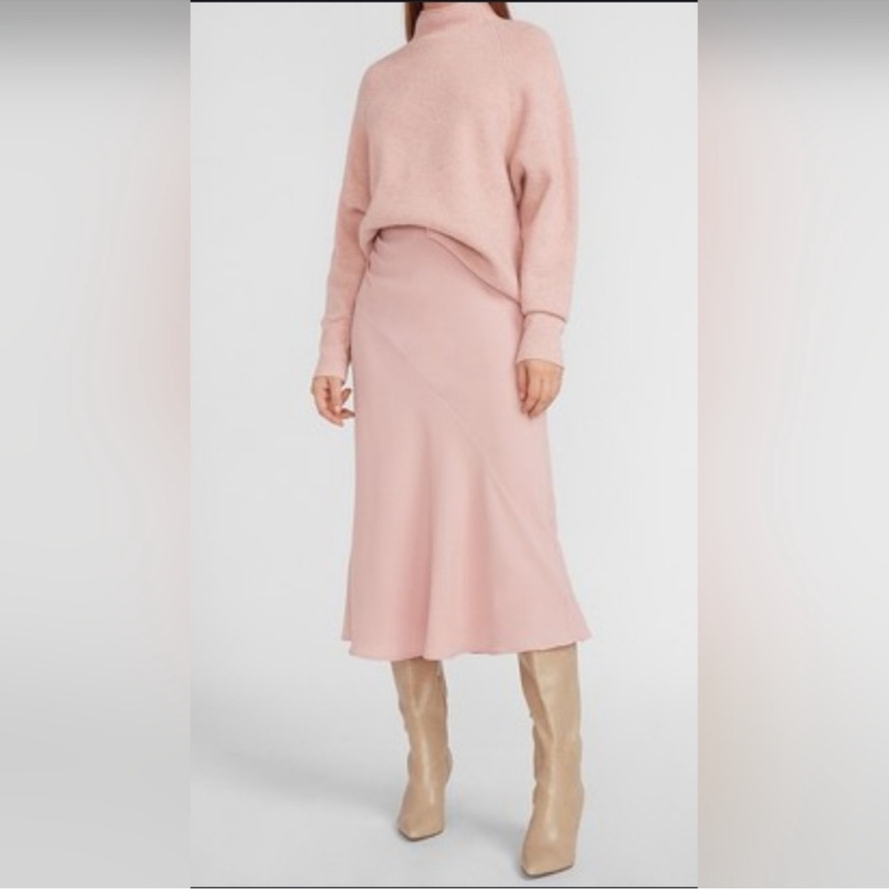 Express twill pink midi skirt and pink mock neck knit sweater co-ord set